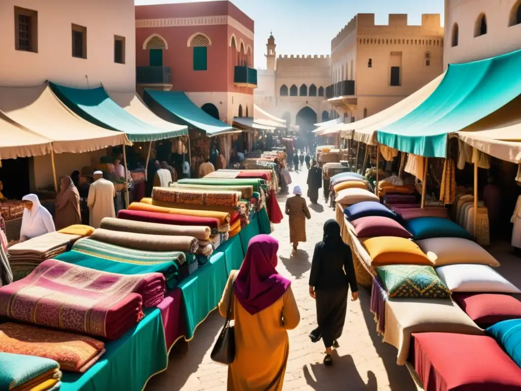 Un bullicioso mercado en una ciudad del norte de África, con telas vibrantes y mujeres regateando