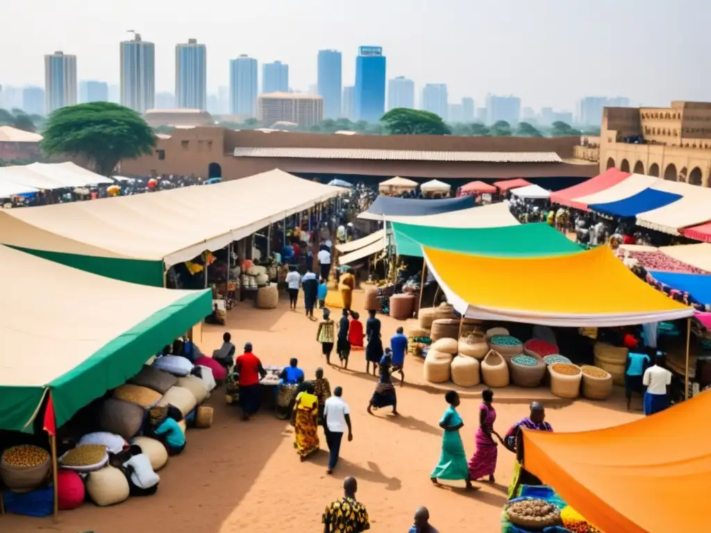 Un bullicioso mercado en una ciudad de África Occidental, con vendedores ofreciendo textiles, especias y artesanías bajo toldos vibrantes