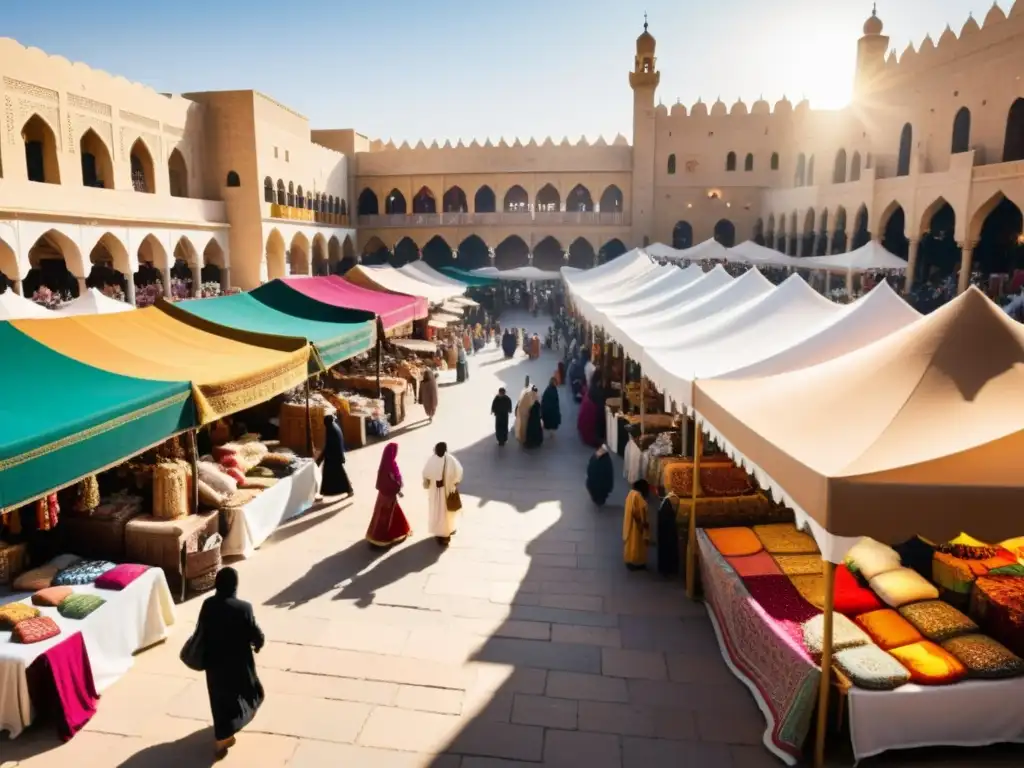 Un bullicioso mercado en una ciudad del Medio Oriente, con textiles y prendas de colores vibrantes