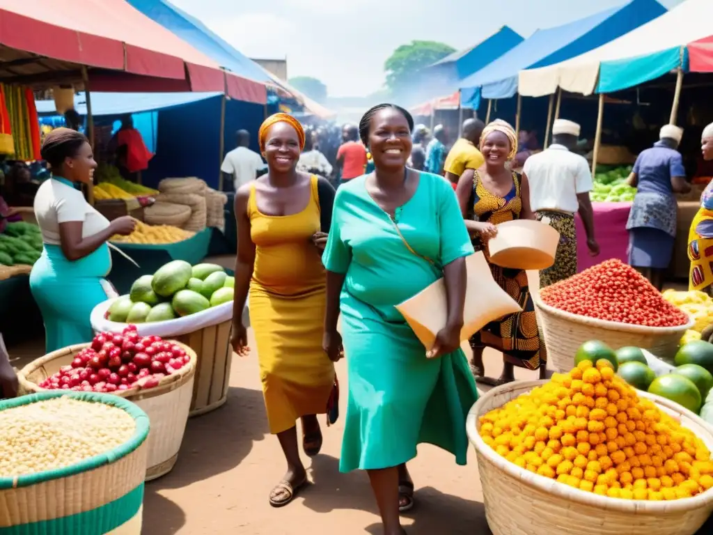 Un bullicioso mercado congoleño muestra la fusión de culturas y dialectos del Congo francés y lenguas bantúes en una escena vibrante y colorida