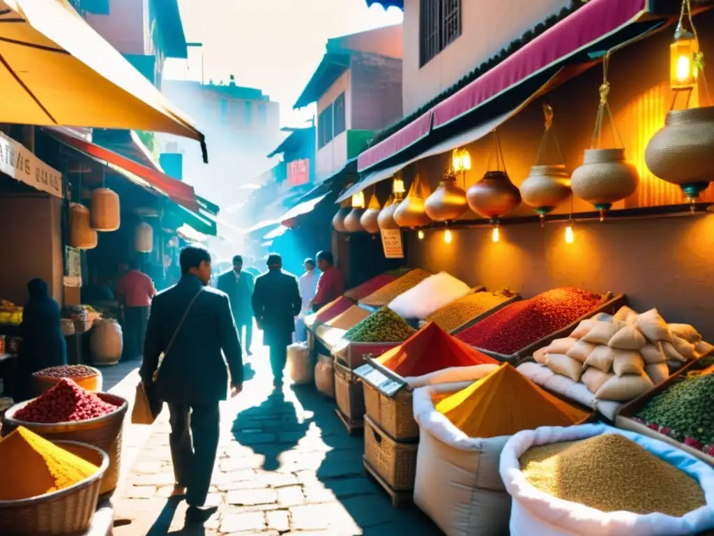 Un bullicioso mercado de especias en una ciudad vibrante y colorida, con vendedores ofreciendo una variedad de especias en sacos y cestas