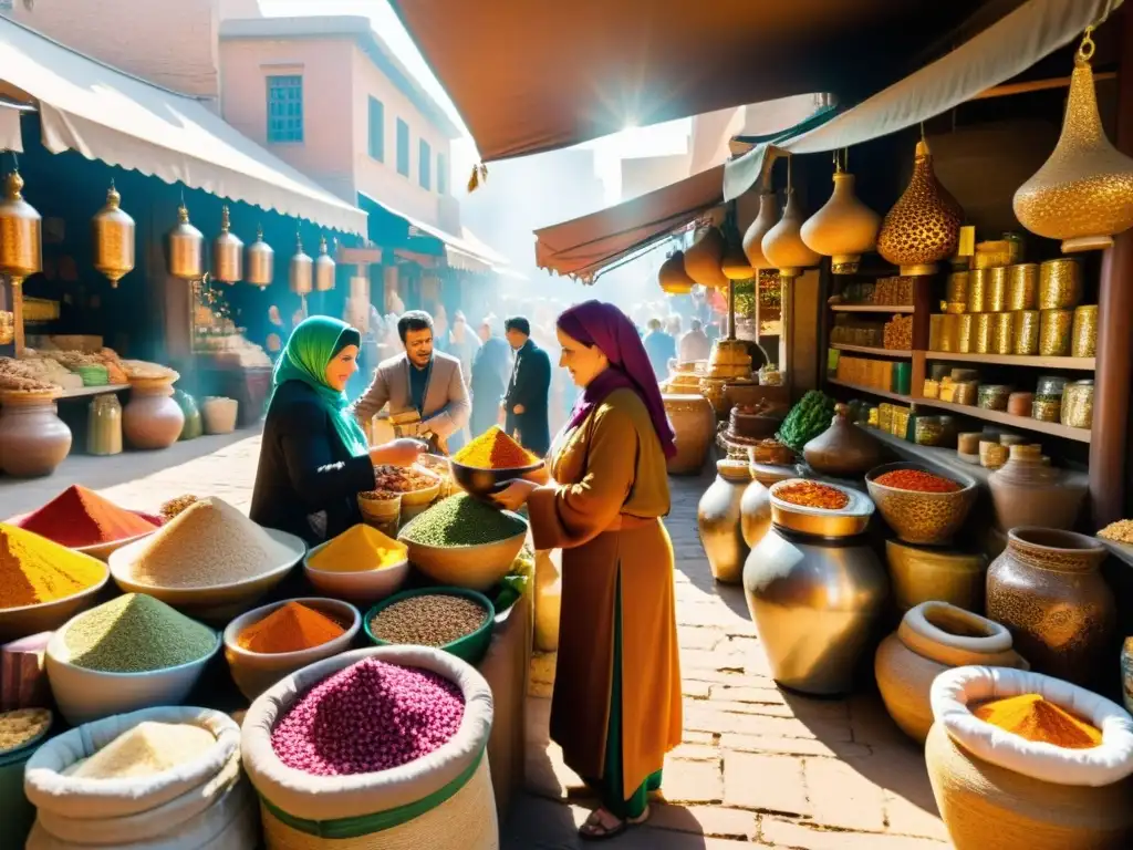 El bullicioso mercado de especias en Persia antigua evoca la historia del comercio de especias, con colores vibrantes y aromas exóticos