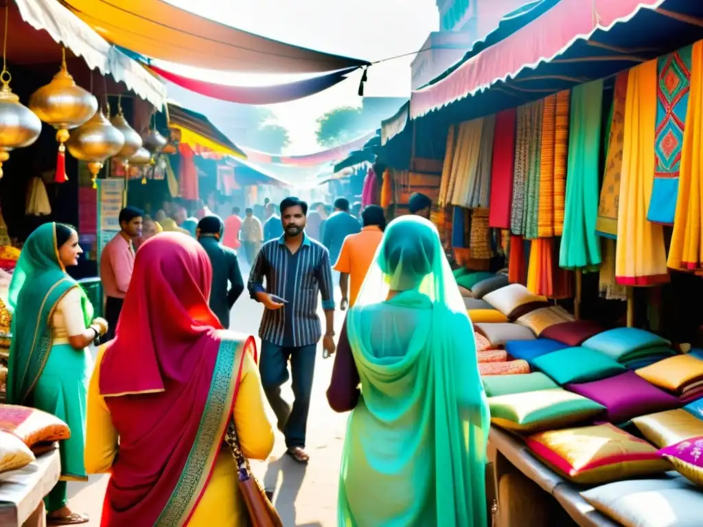 Un bullicioso mercado étnico en Delhi Haat, con coloridos productos de moda tradicional india