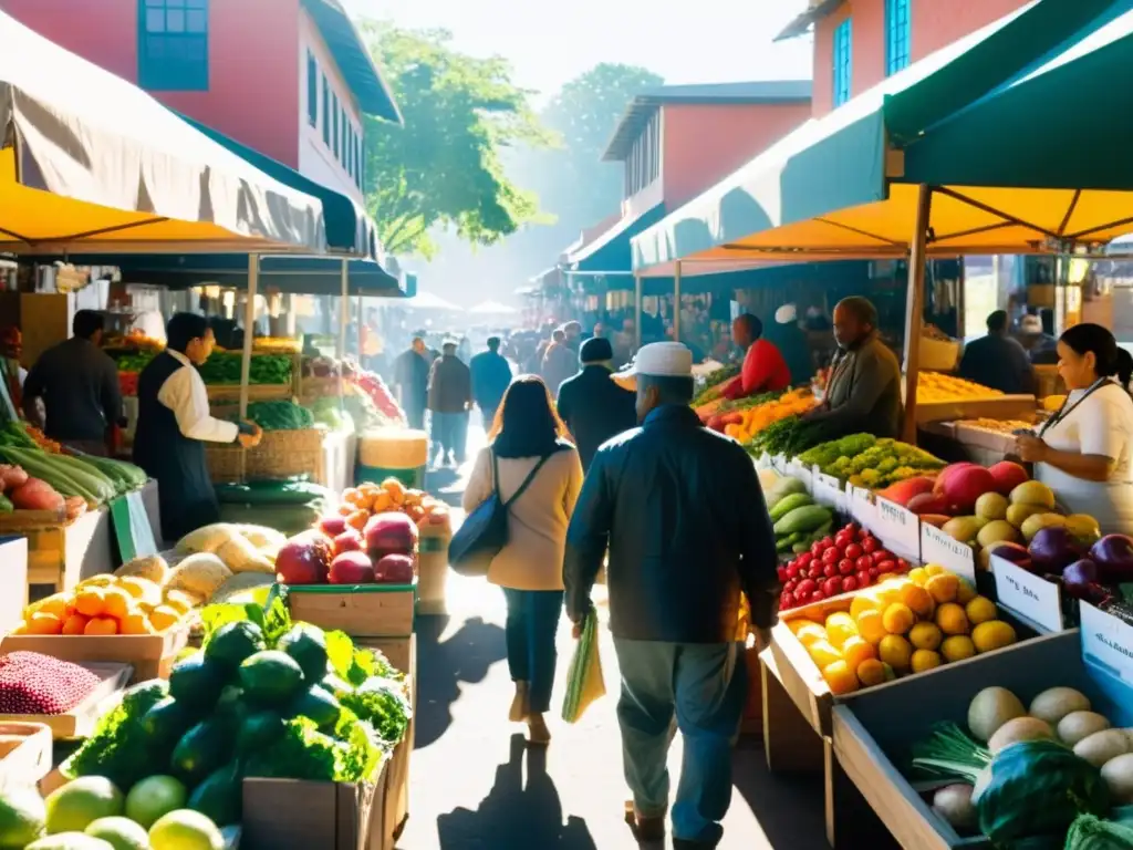 Un bullicioso mercado con una gran variedad de vendedores ofreciendo frutas, verduras y especias coloridas