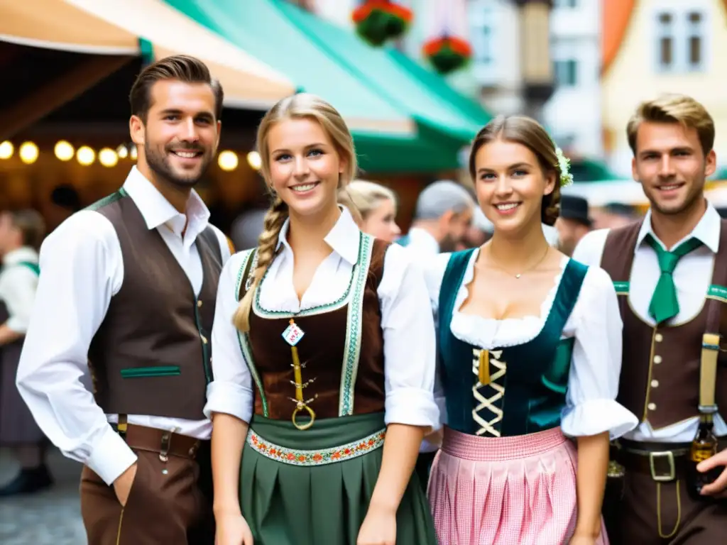 Un bullicioso mercado en Múnich, donde jóvenes visten Lederhosen y Dirndl tradicionales