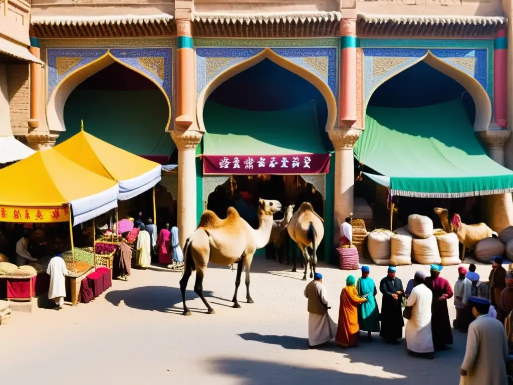Mercado bullicioso en la Ruta de la Seda Un bullicioso mercado a lo largo de la antigua Ruta de la Seda, con intercambio de especias, textiles y bienes exóticos, entre gente de diferentes culturas bajo toldos coloridos y arcos ornamentados