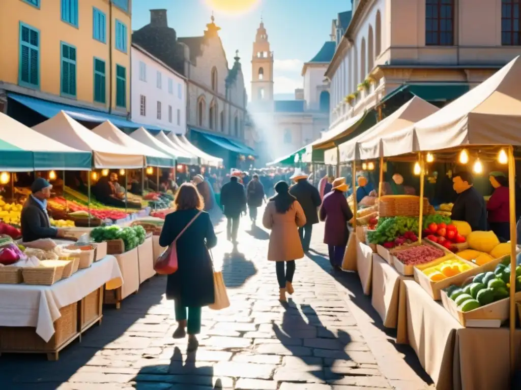 Un bullicioso mercado lleno de puestos vibrantes y coloridos vendiendo productos frescos, artesanías y comida callejera