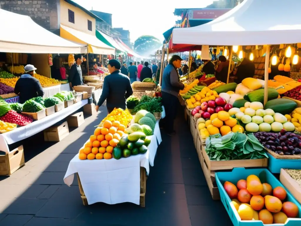 Un bullicioso mercado lleno de puestos vibrantes vendiendo frutas, verduras y artesanías, con locales y turistas mezclándose en una atmósfera animada