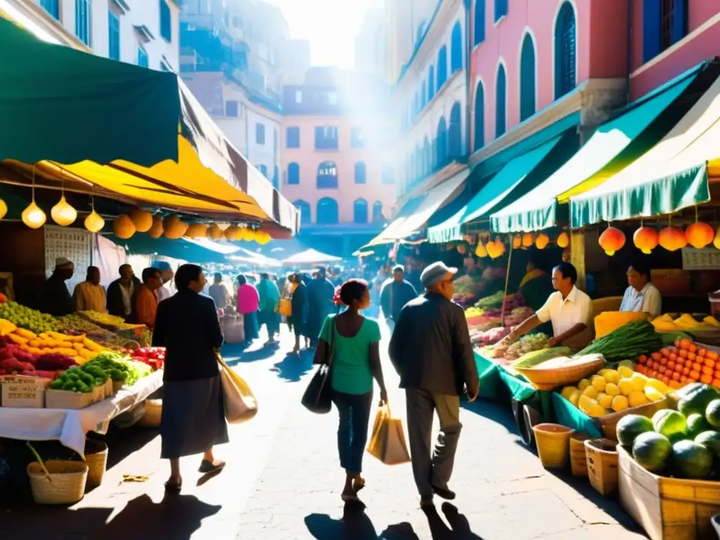 Un bullicioso mercado lleno de vida, con puestos coloridos de frutas, verduras y especias