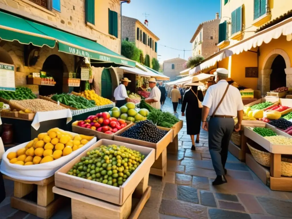 Un bullicioso mercado mediterráneo con productos frescos y coloridos