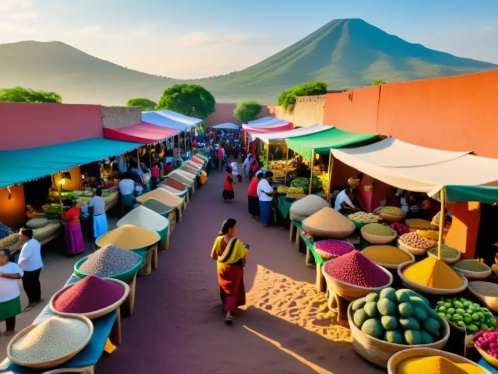 Un bullicioso mercado mesoamericano muestra superalimentos tradicionales en vibrantes exhibiciones