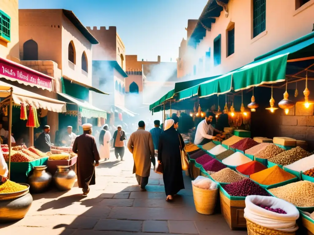 Un bullicioso mercado de Oriente Medio, con coloridos puestos de incienso y clientes regateando, crea una escena envolvente de intercambio cultural