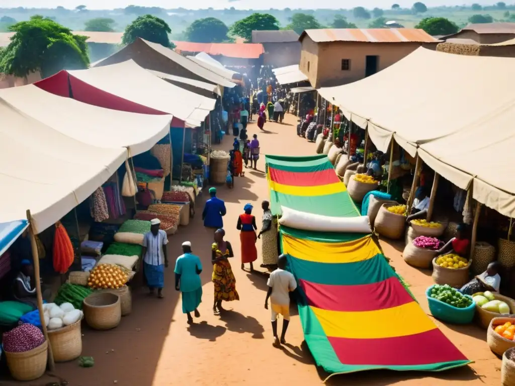 Un bullicioso mercado en un país africano francófono, con vendedores de telas coloridas, productos frescos y artesanías