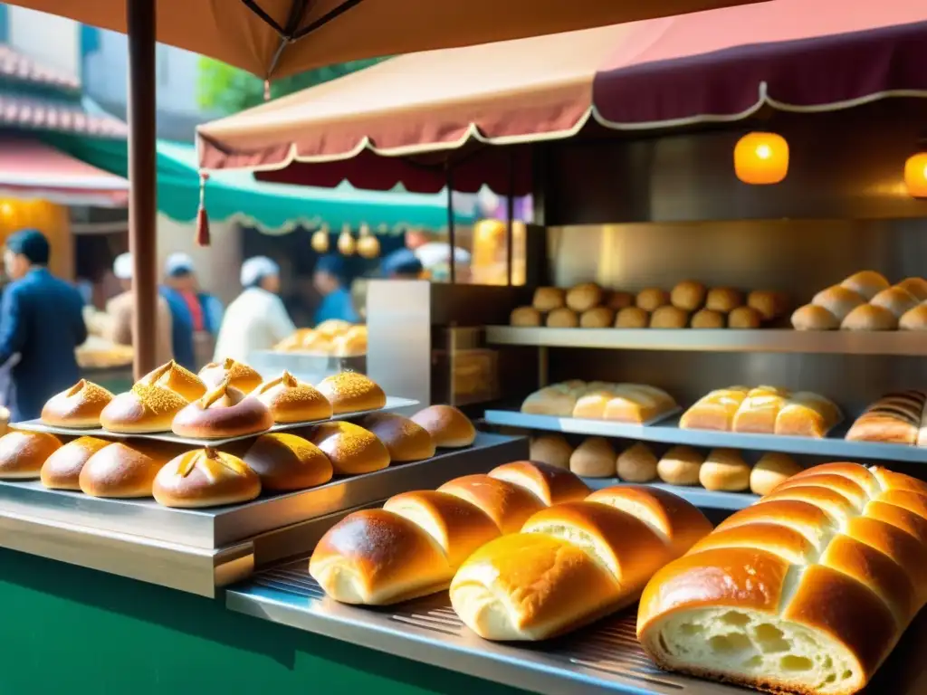 En un bullicioso mercado de Asia, una panadería tradicional muestra diversidad cultural en la elaboración del pan