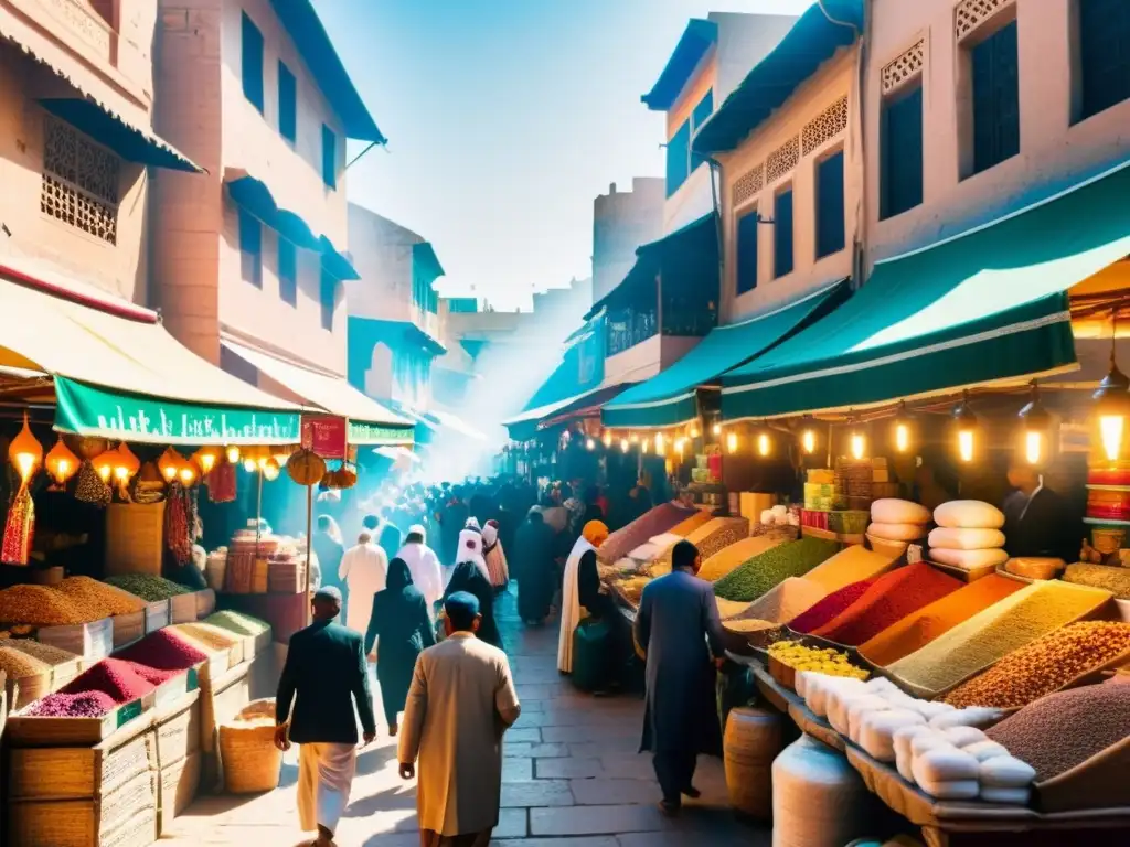 Un bullicioso mercado del Medio Oriente, con puestos de especias, incienso y gente negociando