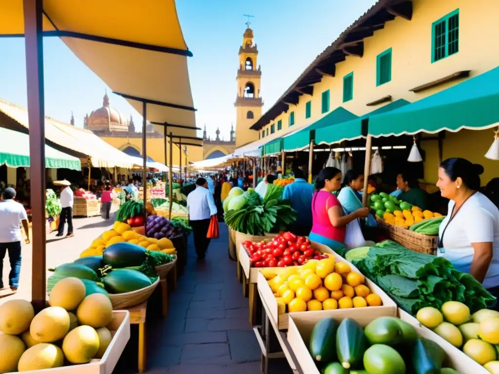 Un bullicioso mercado como punto de encuentro, lleno de puestos vibrantes, frutas frescas, verduras y artesanías coloridas