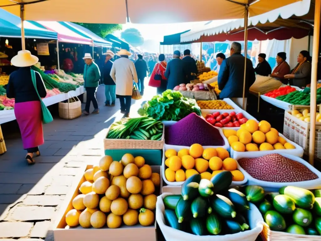 Un bullicioso mercado como punto de encuentro, repleto de puestos vibrantes y una atmósfera animada que refleja la rica comunidad