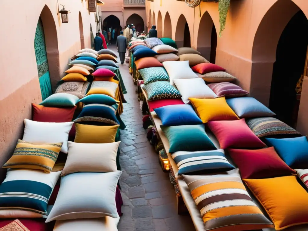 Un bullicioso mercado en Marrakech, Marruecos, rebosante de colores vibrantes y textiles