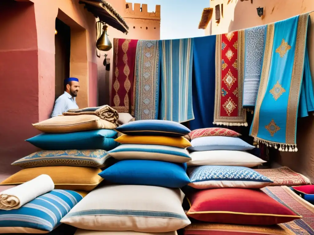 Un bullicioso mercado en Marrakech, Marruecos, rebosante de textiles vibrantes en tonos de azul, rojo y dorado