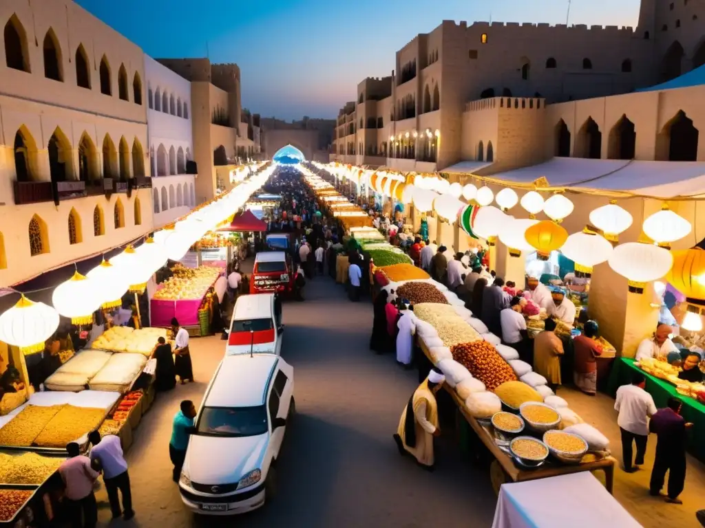 Un bullicioso mercado durante el Ramadán, repleto de puestos coloridos y una atmósfera sensorial y vibrante