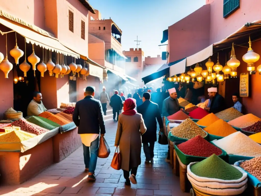 Un bullicioso mercado tradicional en Marrakech, Marruecos, lleno de coloridas paradas que venden especias, textiles y artesanías