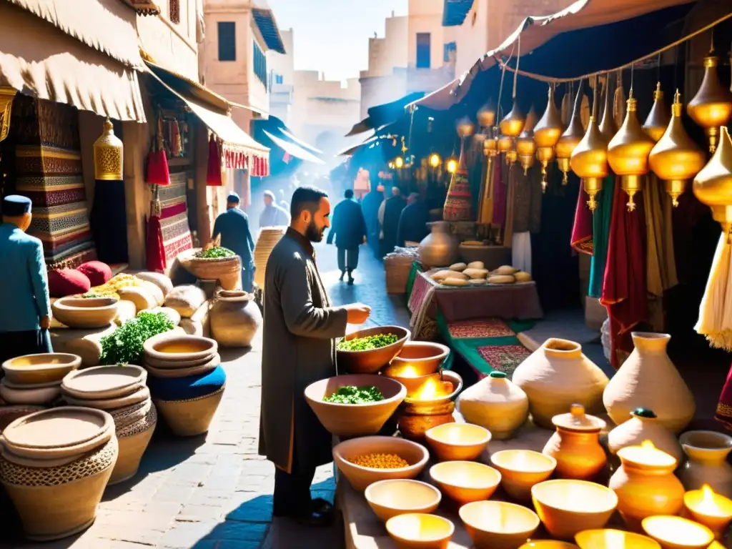 Un bullicioso zoco en el corazón de Fez, Marruecos, con artesanía vibrante y tradicional