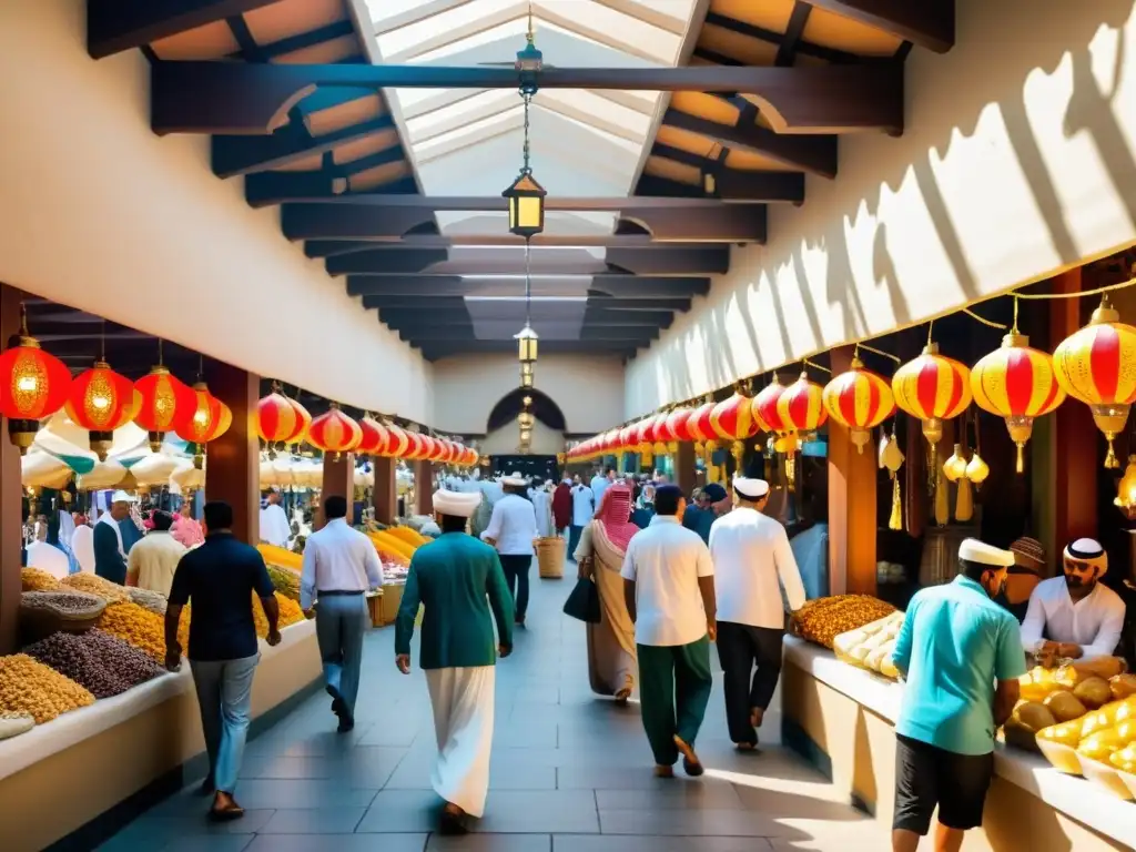 Un bullicioso zoco tradicional en Dubai, con colores vibrantes y detalles arquitectónicos