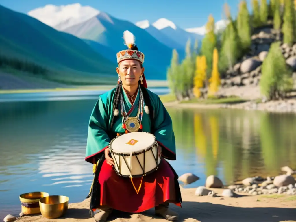 Un chamán Buriato realiza un ritual sagrado junto a un lago, rodeado de naturaleza y montañas nevadas