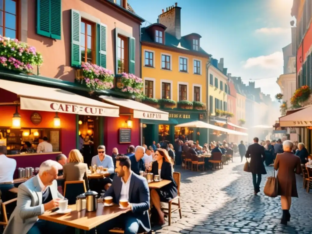 Un café bullicioso en una ciudad histórica europea, con una diversa multitud disfrutando bebidas en mesas al aire libre