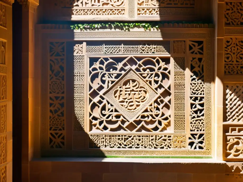 Geometría y caligrafía islámica en las paredes de la Alhambra, resplandeciendo bajo la luz dorada