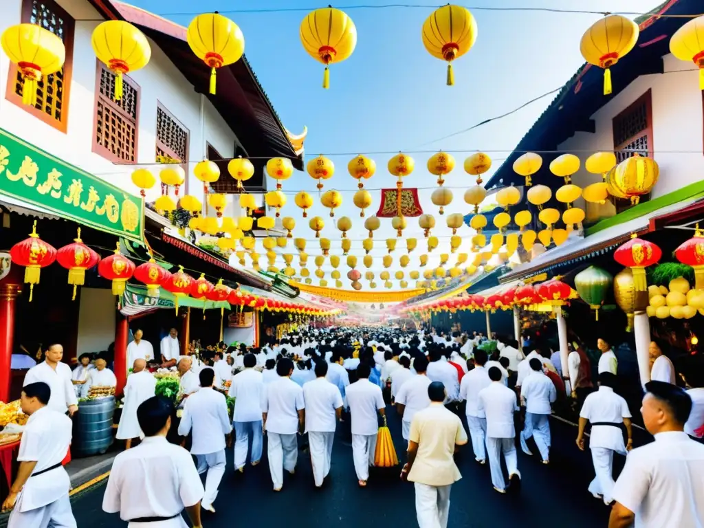 Una calle bulliciosa en el Festival Vegetariano Phuket, con personas vestidas de blanco, linternas ornamentadas y rituales taoístas