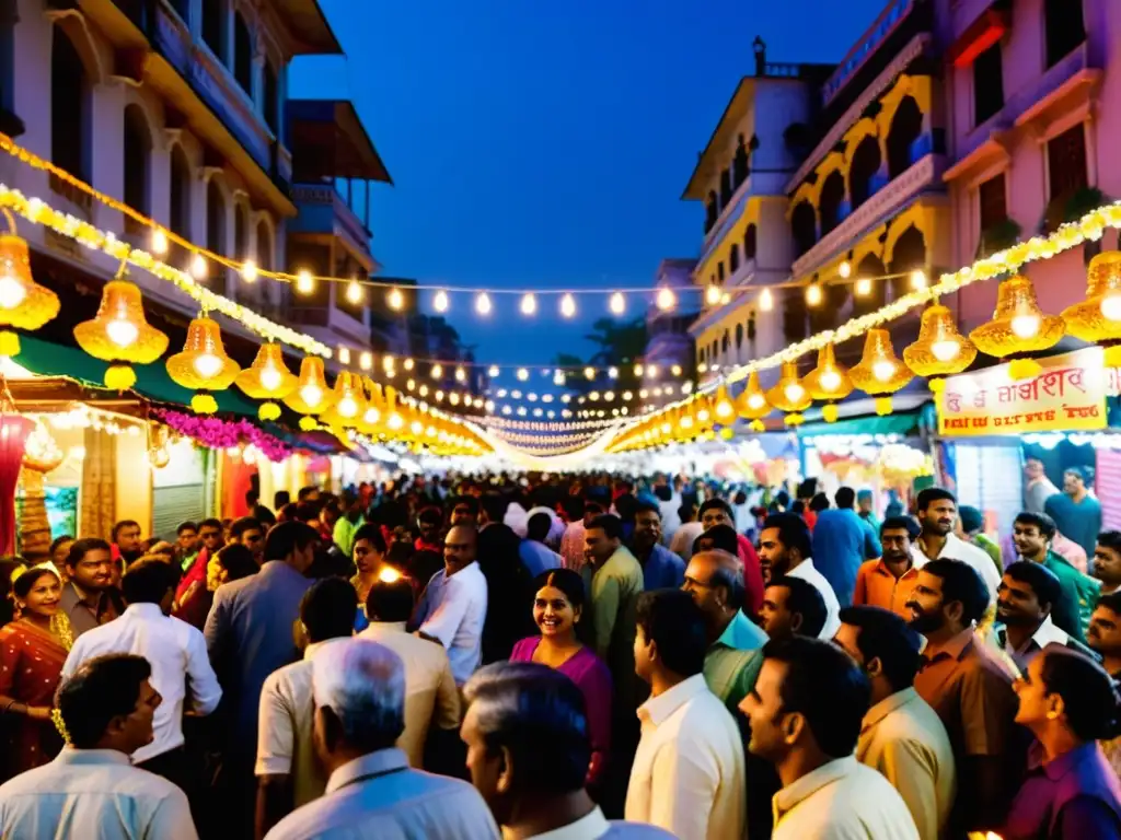 Una calle bulliciosa en India iluminada y decorada para Diwali