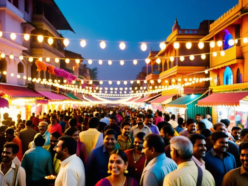 Una calle india llena de luz y color en el vibrante festival Diwali, con gente compartiendo tradiciones y significado del Diwali