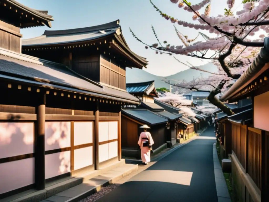 Una calle japonesa tradicional con flores de cerezo en plena floración, evocando la importancia de las flores de cerezo en la cultura japonesa