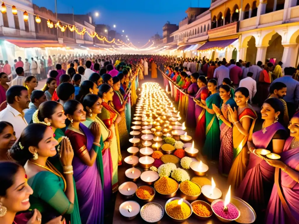 Una calle llena de gente celebrando Diwali en la India