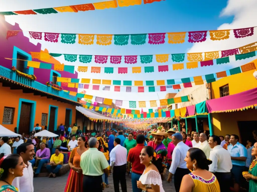 Una calle mexicana llena de vida durante un festival tradicional, con vistosos banners de papel picado