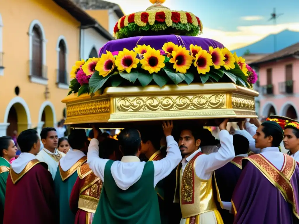 Procesión de Semana Santa en Antigua Guatemala: Devoción y tradición En las calles empedradas de Antigua Guatemala, devotos llevan una procesión de Semana Santa, con ornamentos y flores