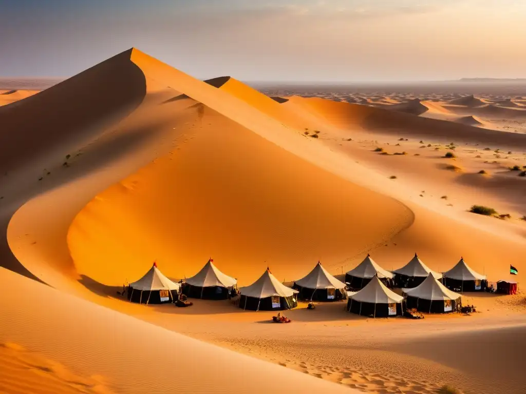 Campamento beduino en el desierto árabe: tiendas tradicionales, personas vestidas con túnicas, actividades diarias y una atmósfera dorada al atardecer