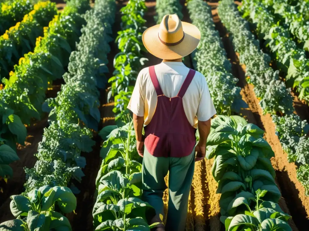 Un campesino local cuida sus cultivos en un campo soleado, destacando la importancia de la agricultura para la cocina tradicional