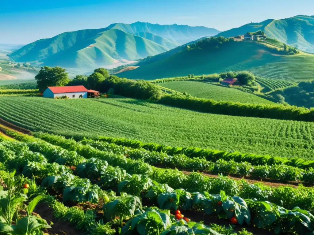 Un campo exuberante bañado por el sol, donde agricultores locales cuidan cultivos de tomate, maíz y pimientos