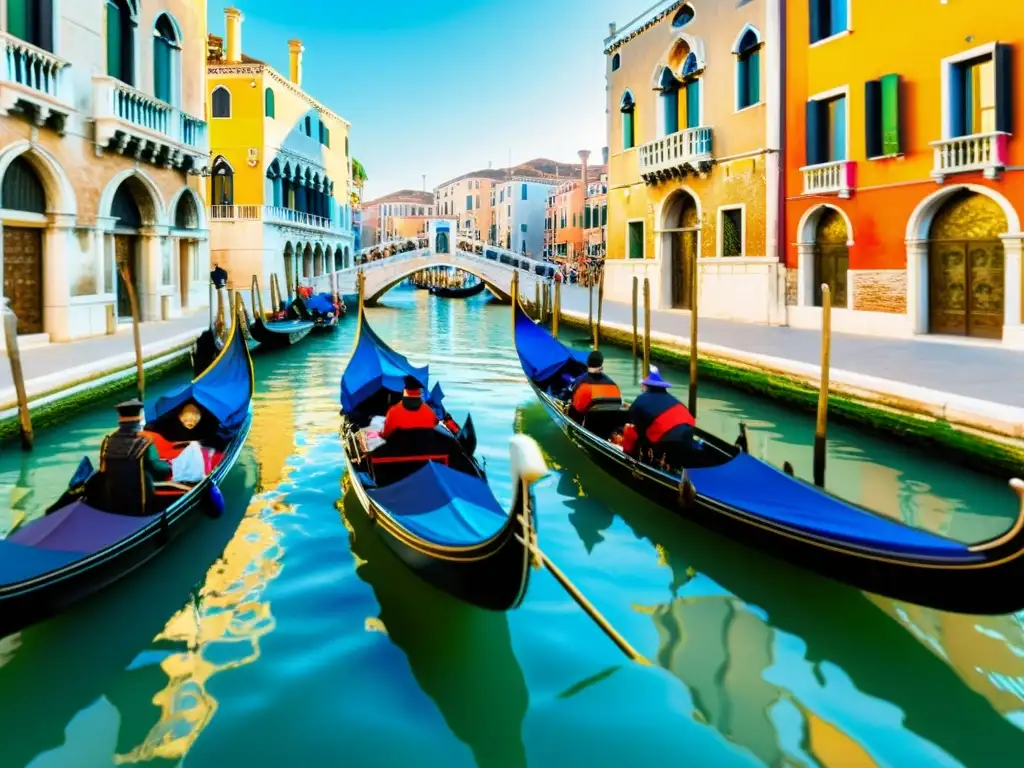 Un canal veneciano lleno de góndolas y máscaras tradicionales del Carnevale Veneciano, reflejando la atmósfera vibrante y colorida de la celebración