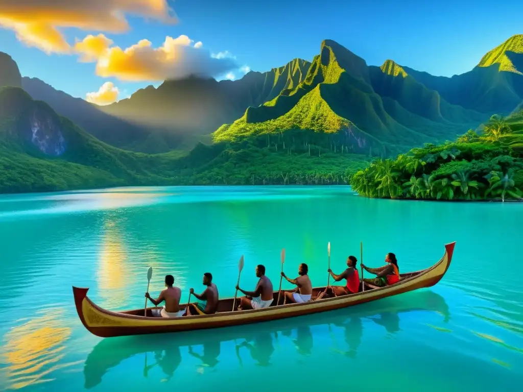 Una canoa tradicional polinesia surcando aguas turquesas, con montañas verdes y un vibrante atardecer de fondo