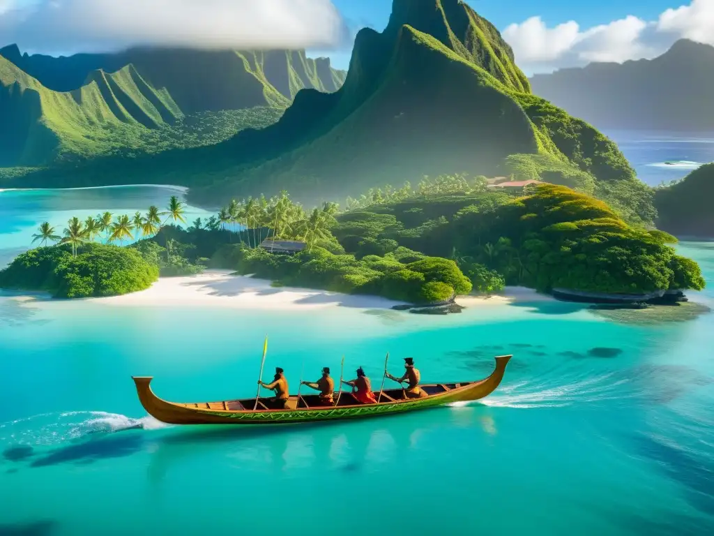 Una canoa polinesia tradicional navegando en aguas turquesas, con tripulación y diseños coloridos