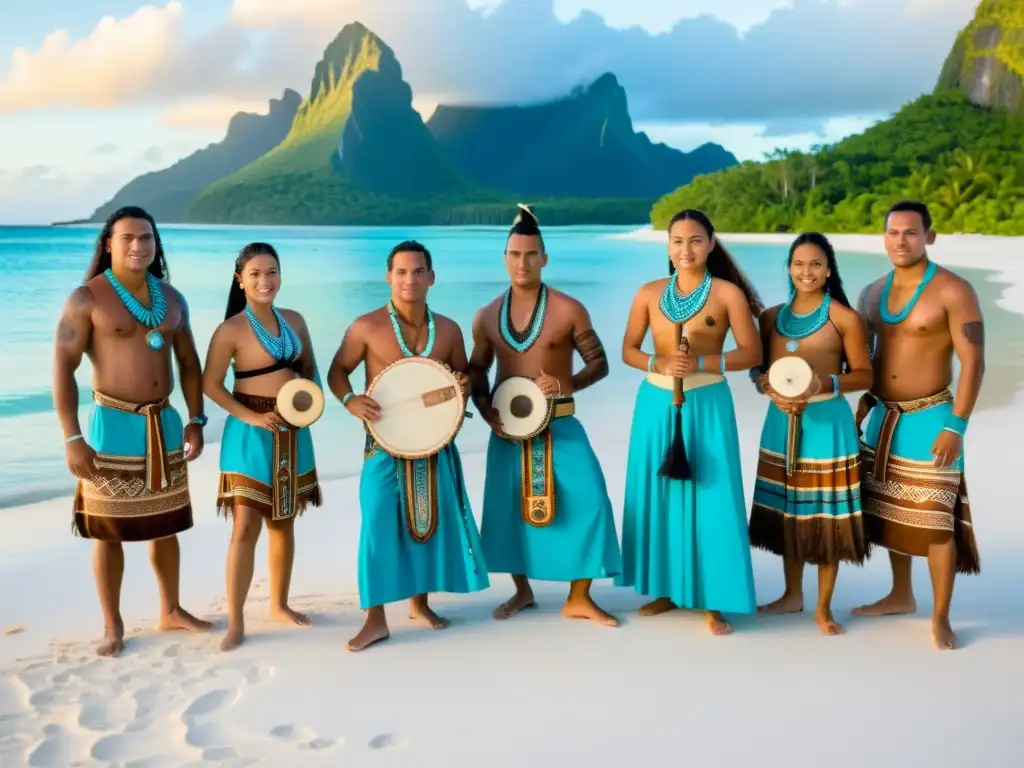 Cantos ancestrales Micronesia: Artistas visten trajes tradicionales, frente al mar turquesa, tocando instrumentos al atardecer