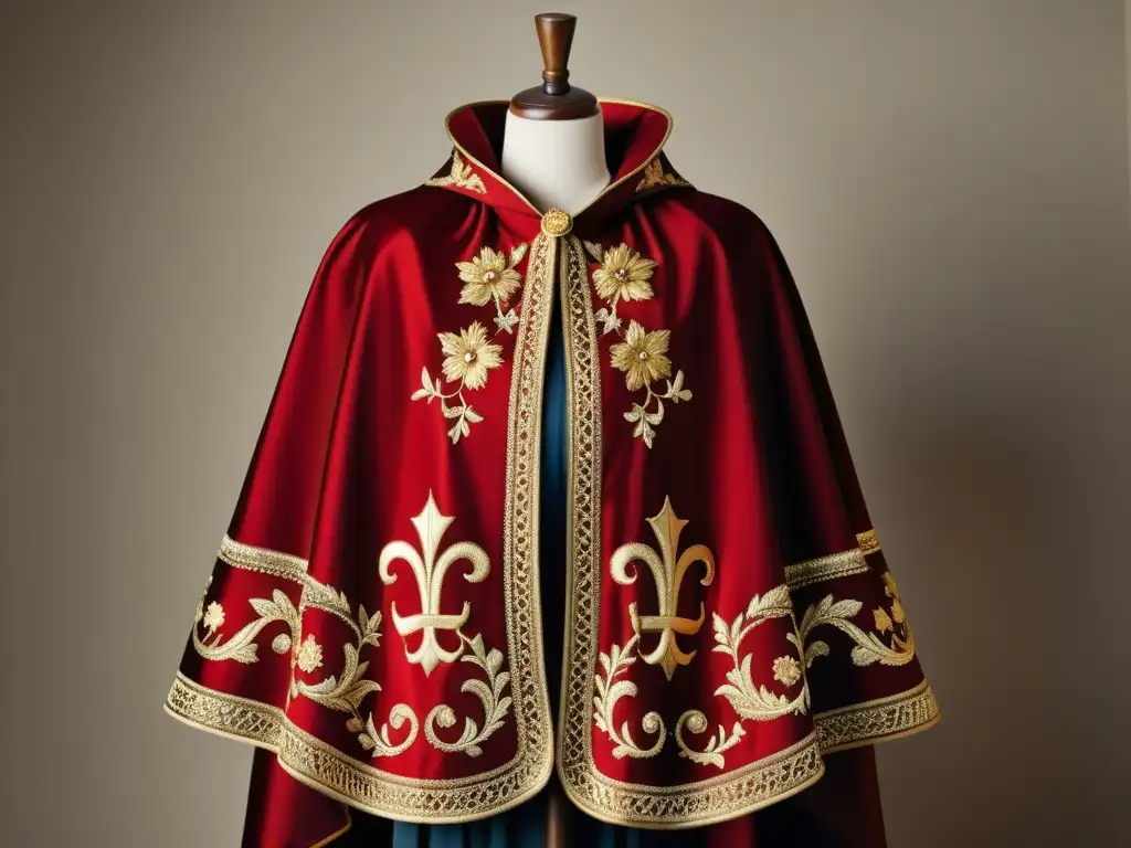 Una capa española de tela roja profunda, bordada con motivos históricos en oro, descansa sobre un maniquí
