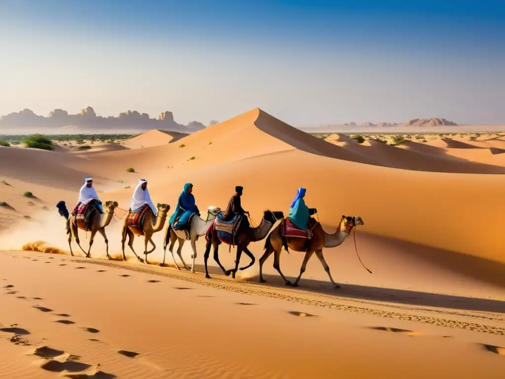 Caravana beduina atraviesa el desierto árabe, cargada de textiles y especias