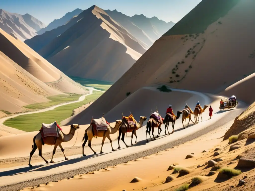 Caravana de camellos en la legendaria Ruta de la Seda, entre montañas y desiertos de Asia Central, evocando su rico itinerario cultural