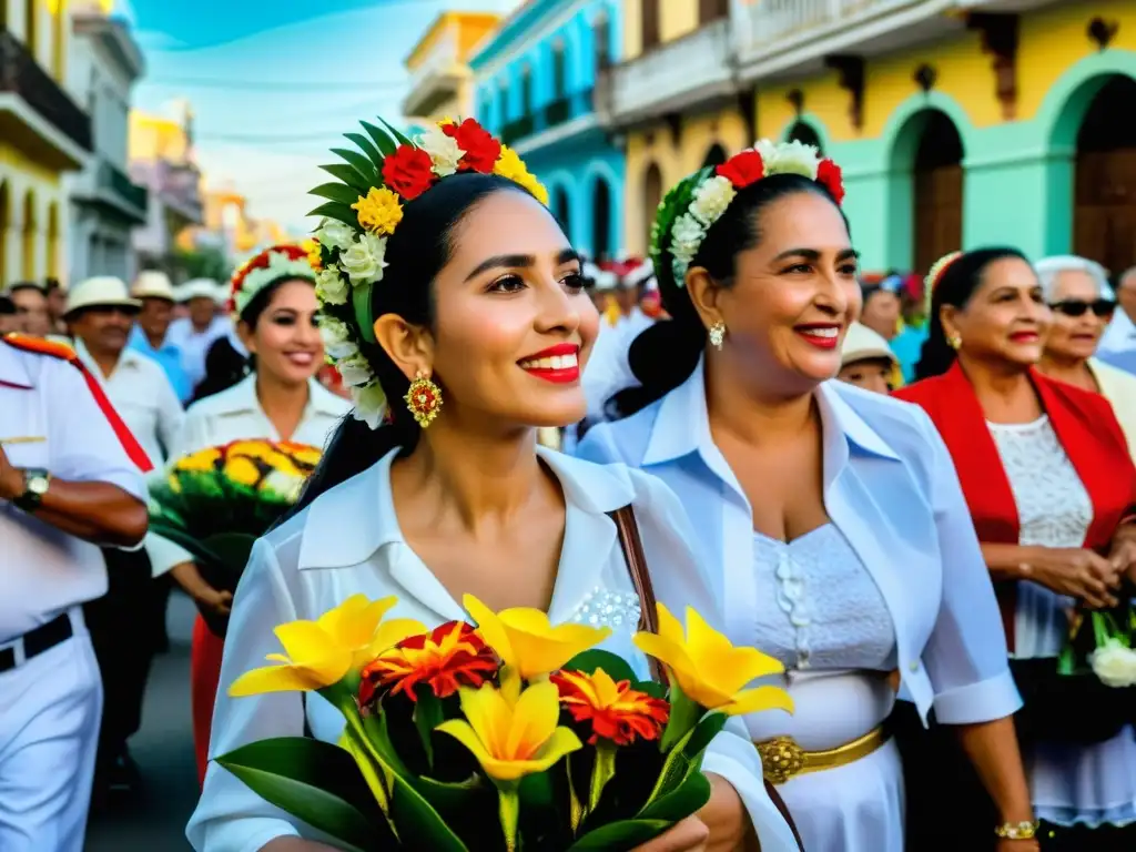 Procesión de la Virgen de la Caridad del Cobre en Cuba, colorida y llena de alegría, con trajes ornamentados y expresiones festivas del público