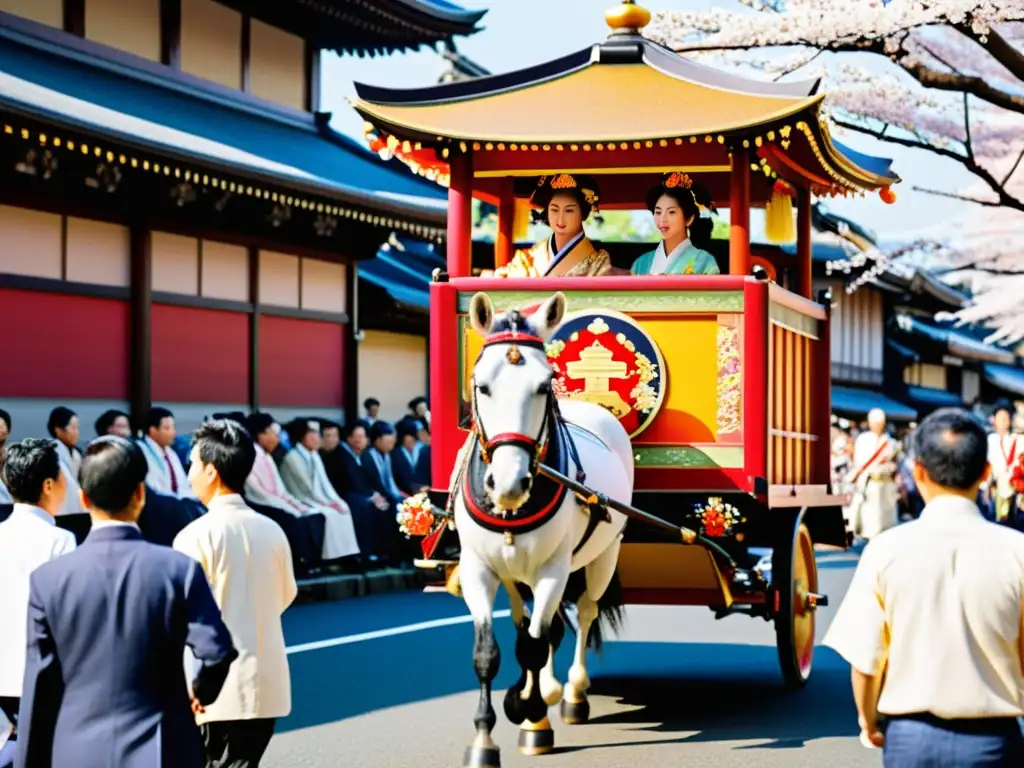 Carroza ornamental desfila en el festival Gion Matsuri en Kioto, Japón, entre danzas y espectadores bajo los cerezos en flor