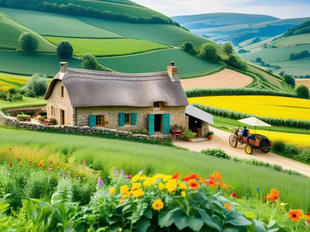 Granja rural: casa de piedra, campos verdes y cocina campesina Una casa rural de piedra rodeada de campos verdes y flores silvestres